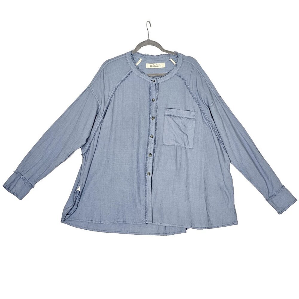 Free People We The Free Women Medium Blue Button Down Fringe Top Blouse Linen